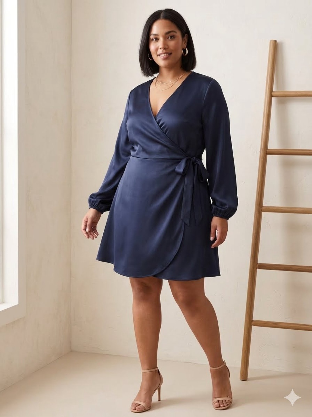 NWT A New Day Navy Satin Long Sleeve Faux Wrap Dress Size XL
